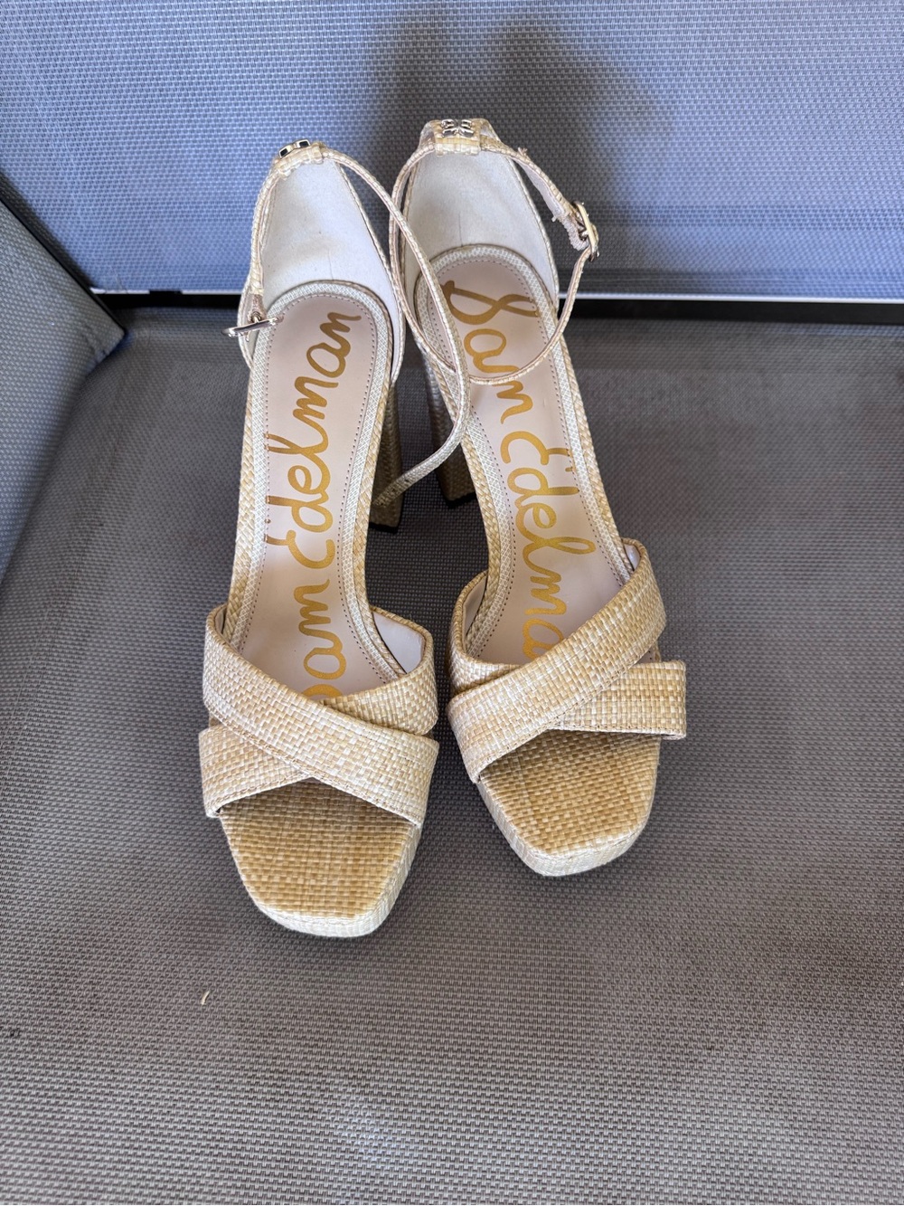 Sam Edelman Natural Raffia Crisscross Ankle Strap Heels